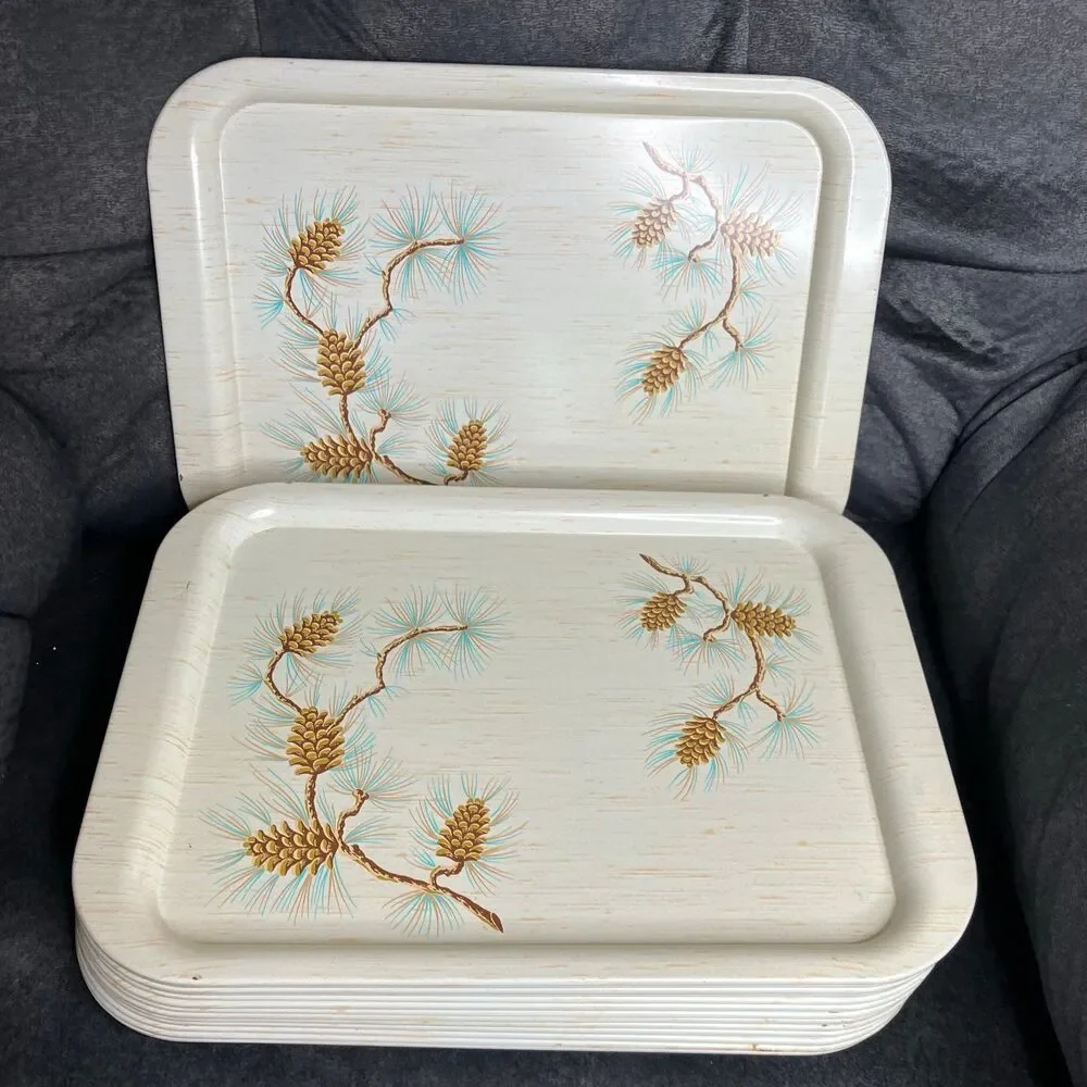 Set of 14 Vtg Mid Century Metal TV Lap Serving Trays Pine Cone Design 15